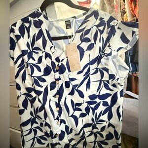 Elegant Navy Leaf Print Blouse